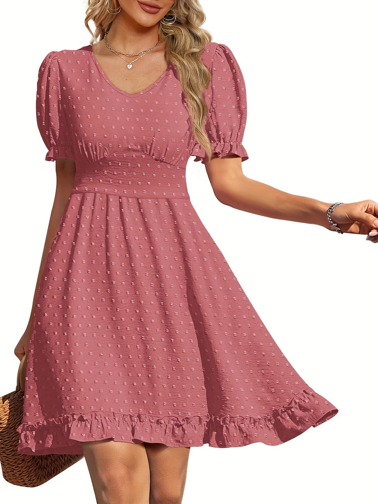 elveswallet  Short Sleeve Swiss Dot Dress, V Neck Casual Dress For Summer & Spring, Women's Clothing