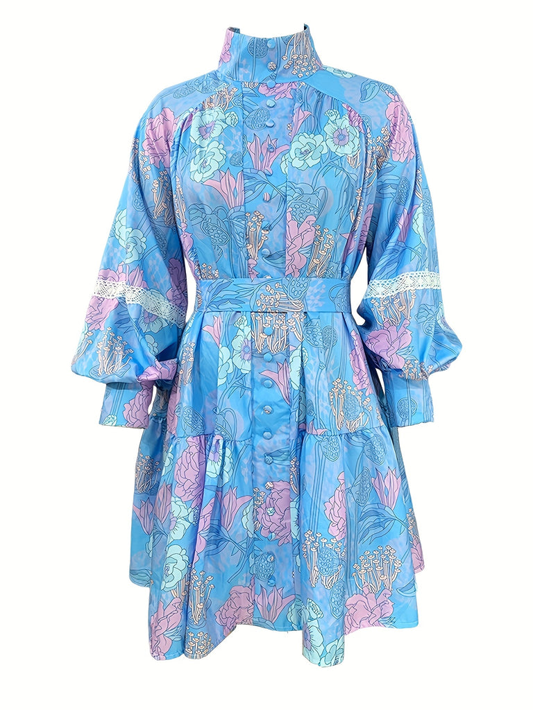 Floral Print Button Front Dress, Elegant Pleated Long Sleeve High Collar Summer Dress, Women's Clothing