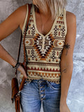 elveswallet  Ethnic Aztec Print V Neck Tank Top, Vintage Loose Fashion Sleeveless Summer Tank Top, Women's Clothing