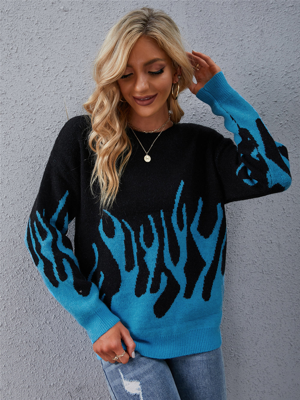 elveswallet Knitted Round Neck Printed Sweater