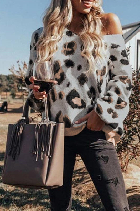 elveswallet Leopard Print One-shoulder Loose Sweater