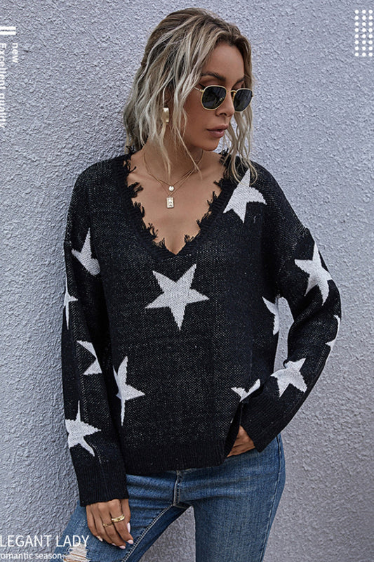 elveswallet Loose  V-neck Star Knitted Sweater