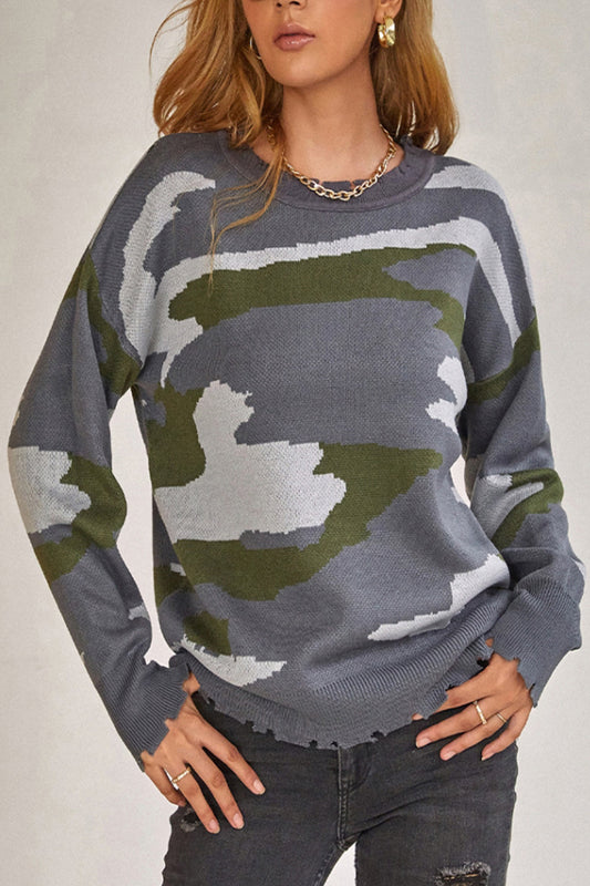 elveswallet Camouflage Ripped Fringed Sweater