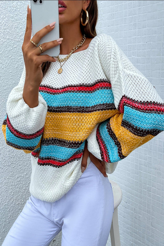 elveswallet Off-Shoulder Contrast Rainbow Striped Sweater