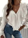 Ruffle Trim Solid Blouse, Sexy V Neck Button Front Long Sleeve Blouse, Women's Clothing