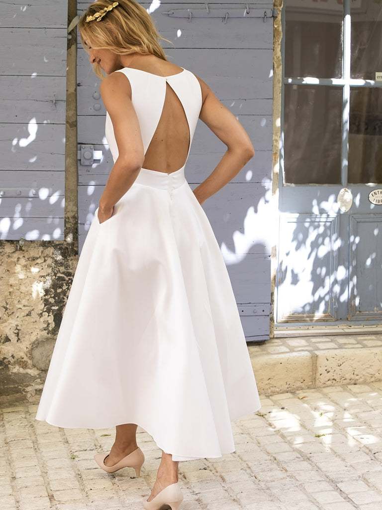 elveswallet  Solid V Neck Elegant Bridesmaid Dress, Backless Mid-Waist Summer Dress For Wedding Party, Women's Clothing