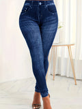 elveswallet  Plus Size Casual Pants, Women's Plus Denim Print High Rise Medium Stretch Leggings