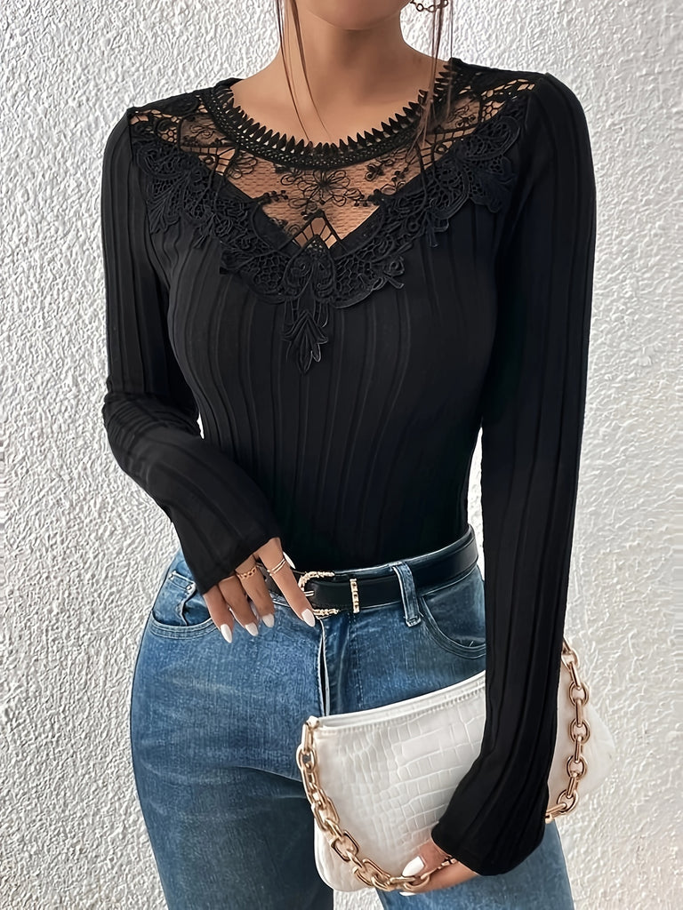 elveswallet  Lace Stitching Ribbed T-Shirt, Casual Long Sleeve Top For Spring & Fall, Women's Clothing