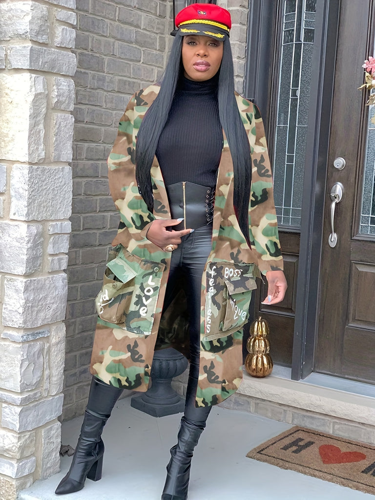 Camo Print Coat With Pockets, Long Sleeve Casual Outerwear For Fall & Spring, Women's Clothing