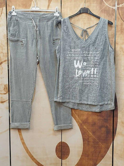 Gray Letter Sleeveless Spaghetti Casual Suits