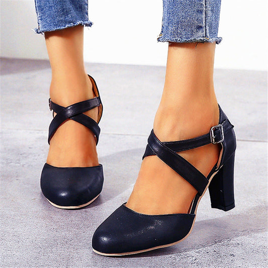 elveswallet PU Cross Straps Thick Heel Sandals