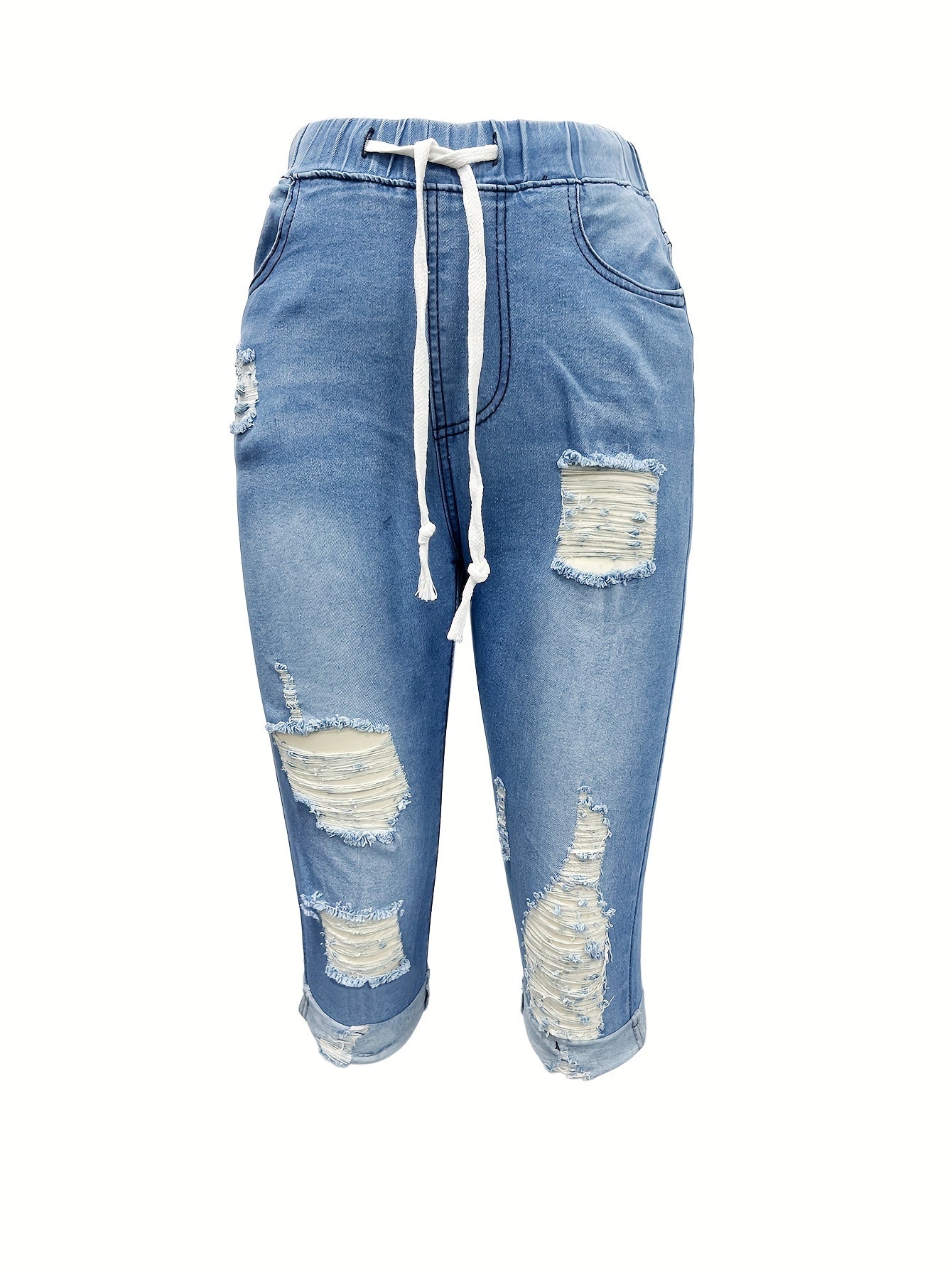 elveswallet Elastic Waist With Drawstring Distressed Denim Capri Pants