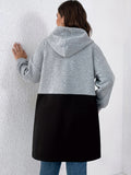 Plus Size Casual Coat, Women's Plus Colorblock Hooded Drawstring Zipper Long Sleeve Longline Coat