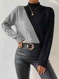 elveswalletColor Block Knit Sweater, Casual High Neck Long Sleeve Sweater, Women's Clothing