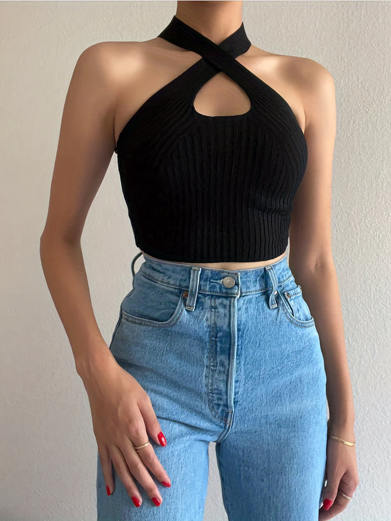 elveswallet  Knitted Halter Neck Crop Top, Sexy Cross Sleeveless Stretchy Tank Top, Women's Clothing