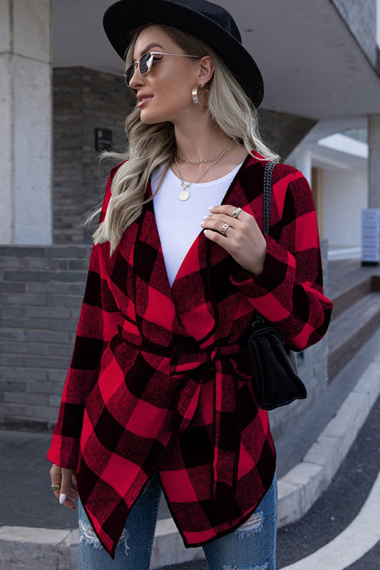 elveswallet Plaid Tie Waist Suit Jacket