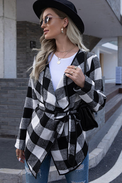 elveswallet Plaid Tie Waist Suit Jacket