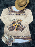 elveswallet  Cow Head Skull & Letter Print Tunics, Vintage Crew Neck Raglan Sleeve Western Style Tunics, Women's Clothing