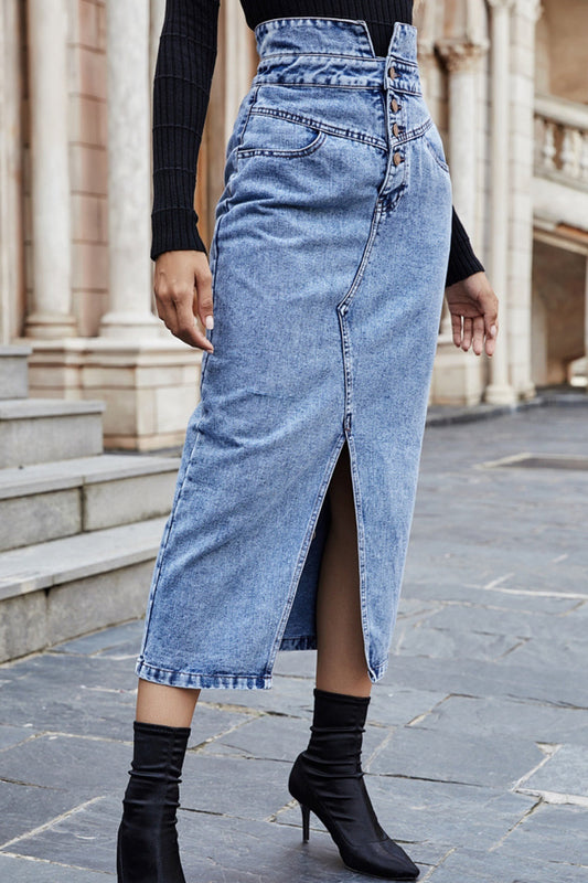 elveswallet Buttoned Slit Denim Skirt