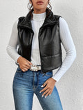 Solid Stand Collar Zipper Vest, Versatile Sleeveless Faux Leather Vest Jakcet, Women's Clothing