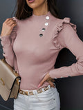 Ruffle Hem Button Mock Neck Sweater, Casual Long Sleeve Sweater For Fall & Winter, Women's Clothing
