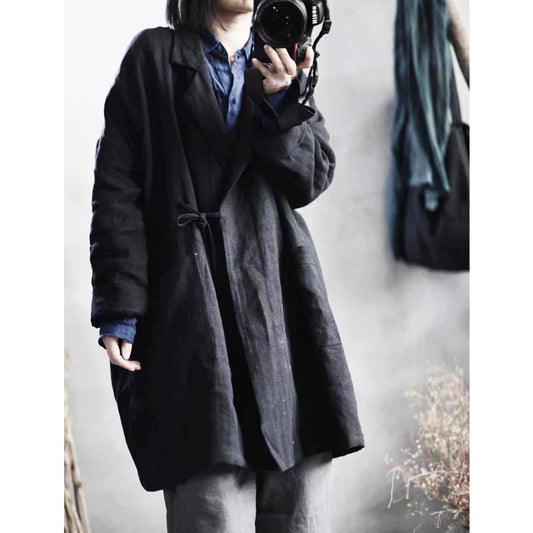 ELVESWALLET 2025 Su Nian Weiyang 1912/cold spring, linen, spring and autumn women's medium and long style lined with black simple literary coat trench coat