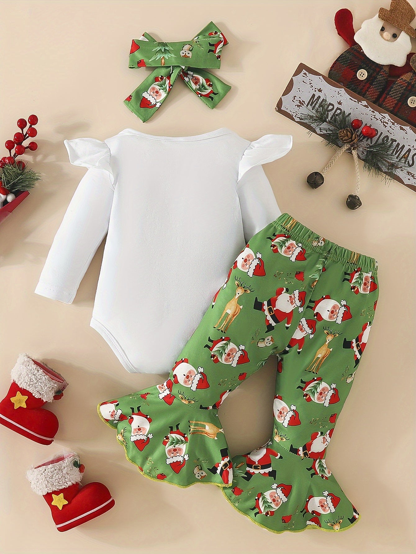 2pcs Baby's THE BABY WHO STOLE CHRISTMAS Print Bodysuit + Hairband + Bow Decor Bell-bottom Pants, Toddler & Infant Girl's Clothing Set, Outdoor Cloth