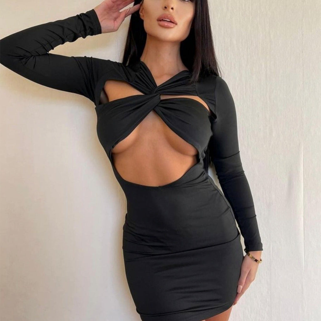 Hollow Out Long Sleeve Sexy Solid Dress, Casual Every Day Dress For Fall And Spring, Women's Clothing