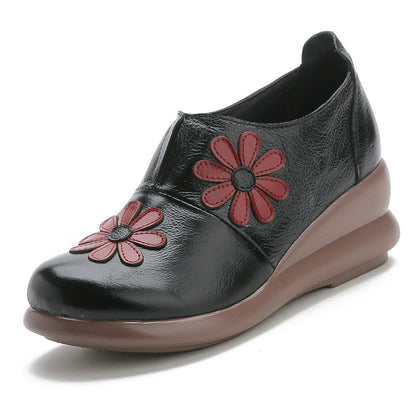 elveswallet Leather Embroider Flower Wedges Loafers