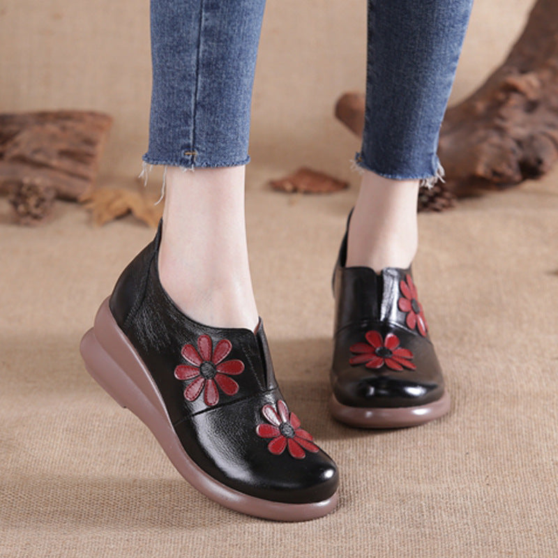 elveswallet Leather Embroider Flower Wedges Loafers