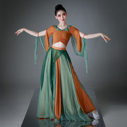 Dunhuang flying dance suit fairy elegant sequined trouser skirt classical dance practice suit folk dance gauze performance suit