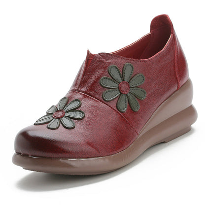 elveswallet Leather Embroider Flower Wedges Loafers