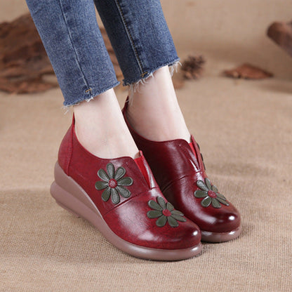 elveswallet Leather Embroider Flower Wedges Loafers