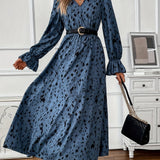 elveswallet  Allover Print Maxi Dress, Casual V Neck Ruffle Trim Dress, Women's Clothing