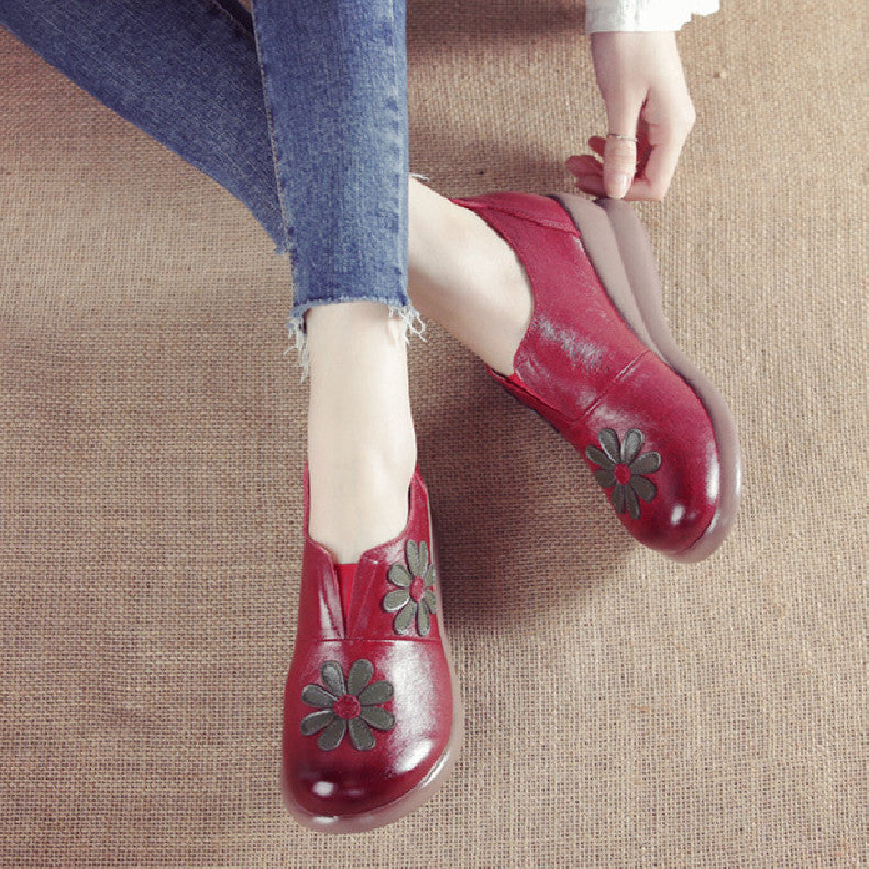 elveswallet Leather Embroider Flower Wedges Loafers