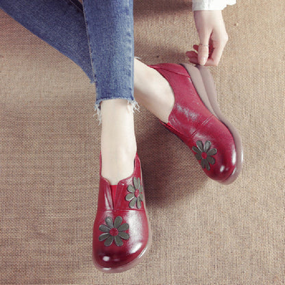 elveswallet Leather Embroider Flower Wedges Loafers