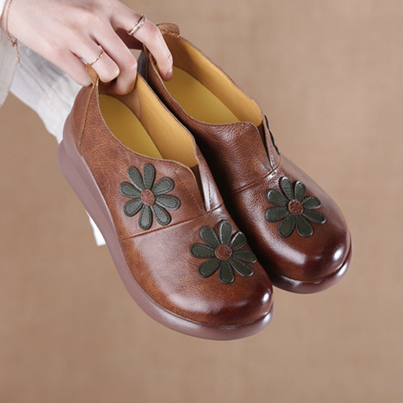 elveswallet Leather Embroider Flower Wedges Loafers