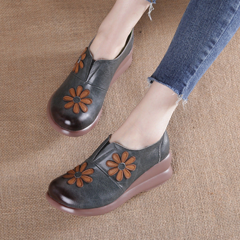 elveswallet Leather Embroider Flower Wedges Loafers