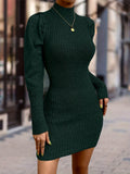 Solid Ribbed Mock Neck Dress, Casual Long Sleeve Bodycon Dress, Women's Clothing