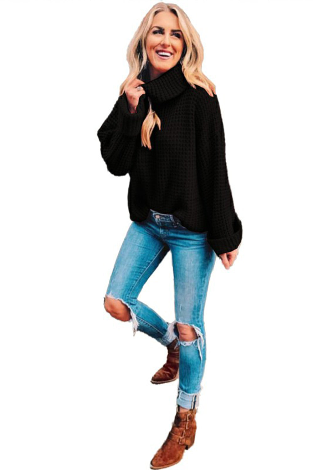 elveswallet Loose Pure Color High Neck Sweater