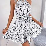 elveswallet  Leopard Print Ruched Dress, Casual Tie Back Ruffle Hem Sleeveless Dress, Women's Clothing