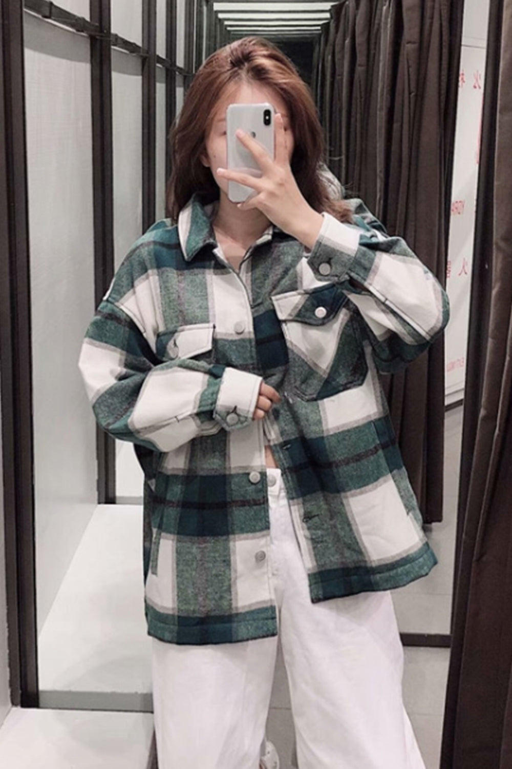 elveswallet Flannel Loose Tweed Plaid Shirt Coat