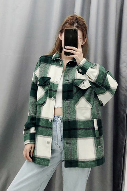 elveswallet Flannel Loose Tweed Plaid Shirt Coat