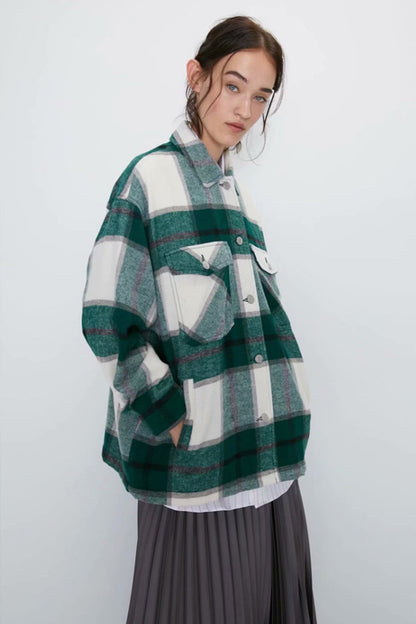 elveswallet Flannel Loose Tweed Plaid Shirt Coat