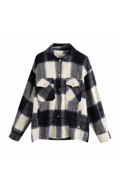 elveswallet Flannel Loose Tweed Plaid Shirt Coat