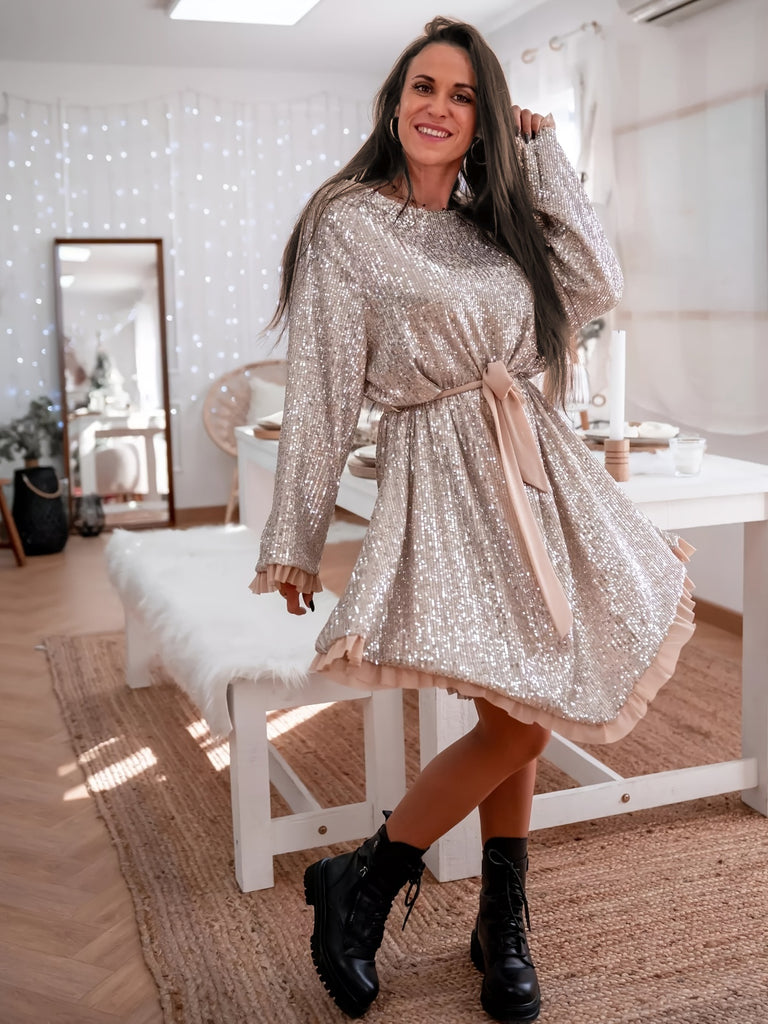 elveswallet  Loose Sequined Belted Dress, Crew Neck Long Sleeve Dress, Casual Every Day Dress, Women's Clothing