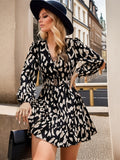 elveswallet  Leopard Print Ruffle Hem Dress, Elegant V Neck Long Sleeve Dress, Women's Clothing