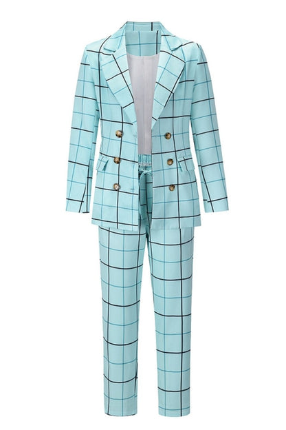 elveswallet Double-Breasted Plaid Blazer Pants Suit