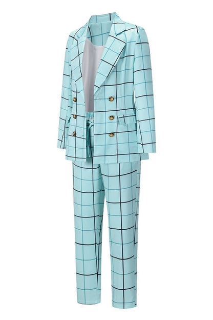 elveswallet Double-Breasted Plaid Blazer Pants Suit