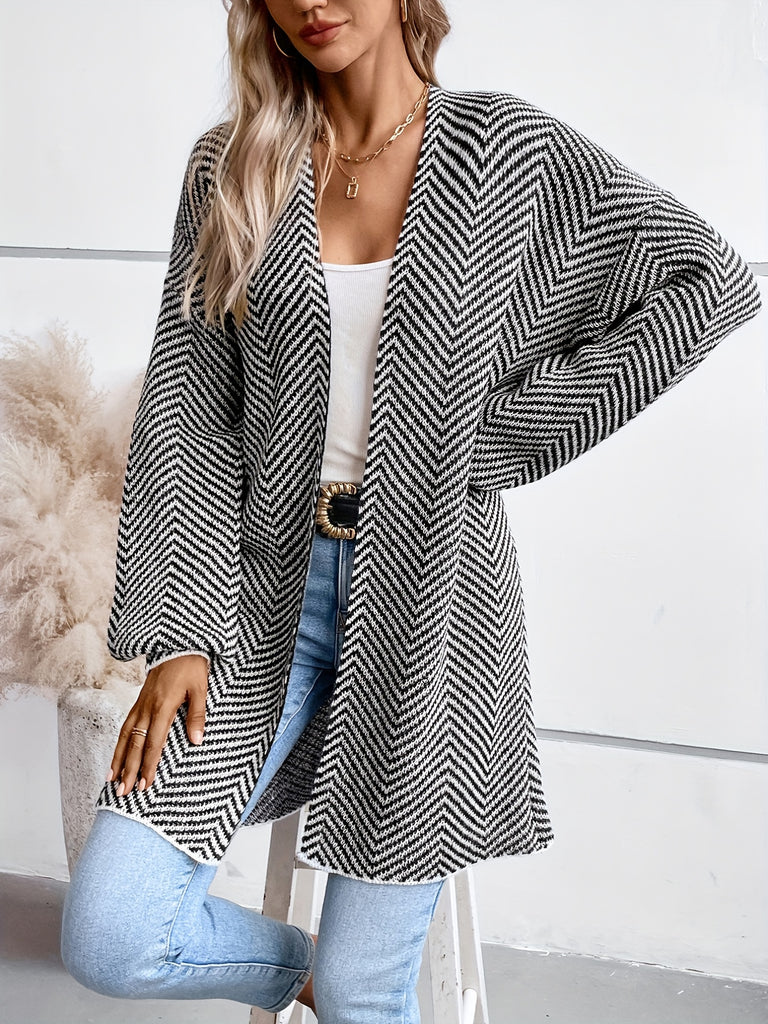 elveswallet  Striped Open Front Cardigan, Casual Lantern Sleeve Cardigan For Fall & Winter, Women's Clothing